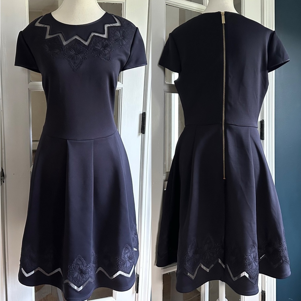 Ted Baker London Navy Cheskka Lace & Mesh Skater Dress | Ted Size 4 / US 10 - Picture 2 of 16